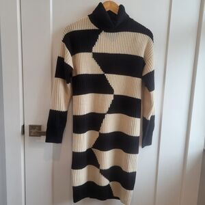 Bobeau Black and Cream Geometric Turtleneck Midi Sweater Dress.